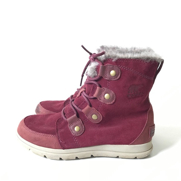 Sorel Explorer Joan Waterproof Boots Womens 8.5 Red Maroon Suede Faux Fur Snow - Picture 8 of 12
